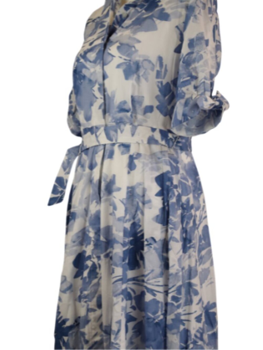 Calvin Klein Blue White Floral Shirt Dress V Neck Belted Dress Formal Size 6 - Picture 9 of 13